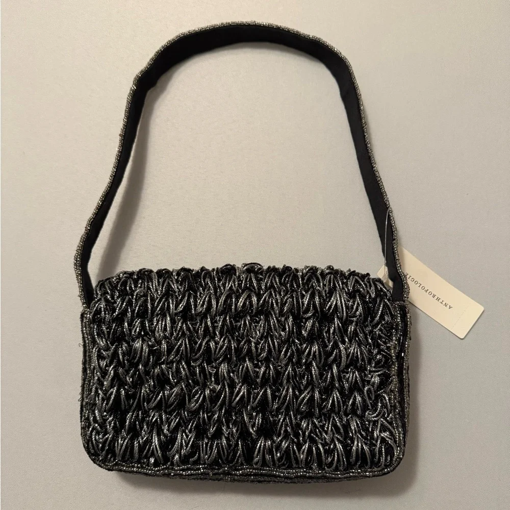 Anthropologie Maeve Fiona Crochet Beaded Bag Black & Silver - Picture 2 of 12